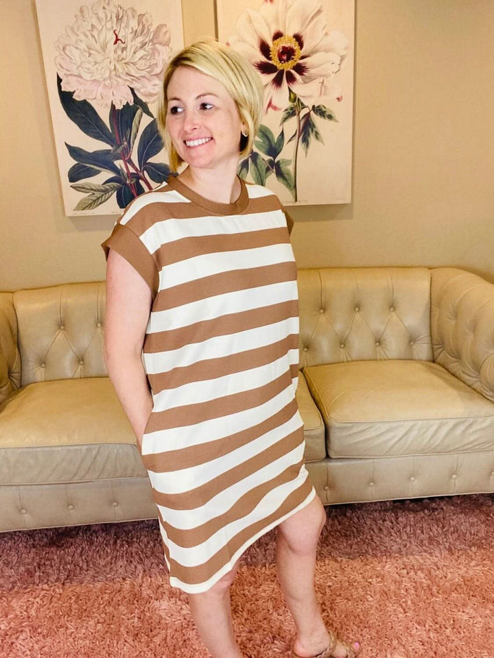 Brown and Cream Striped Cap Sleeve Dress with Pockets - Lolo Viv Boutique