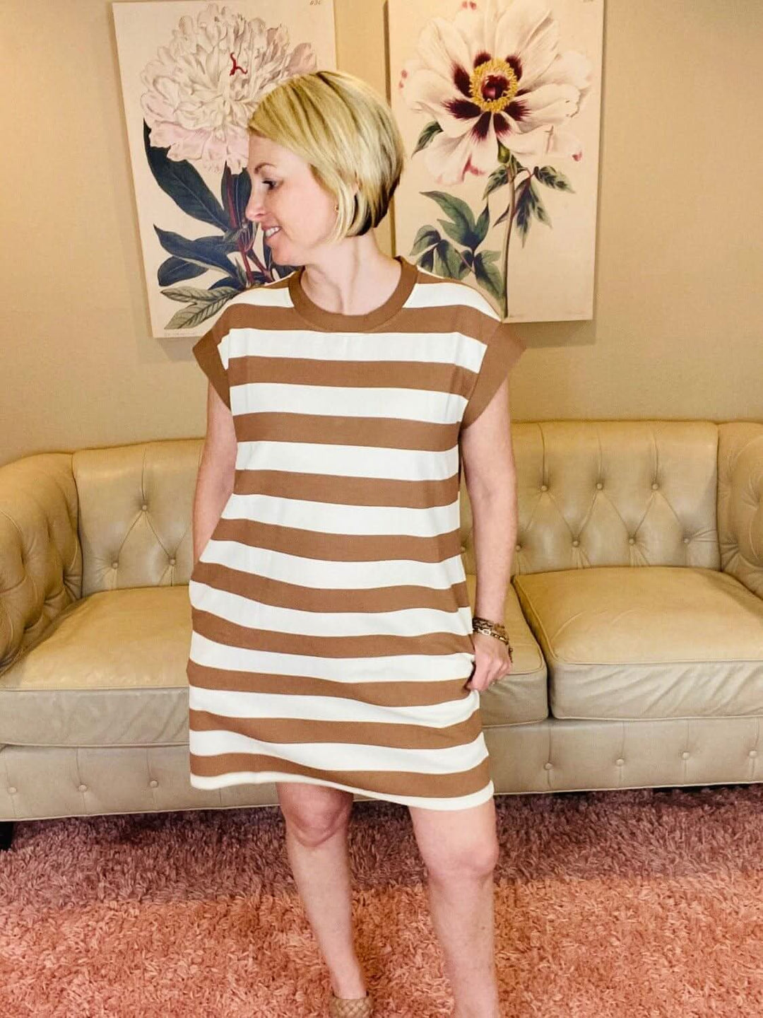 Brown and Cream Striped Cap Sleeve Dress with Pockets - Lolo Viv Boutique