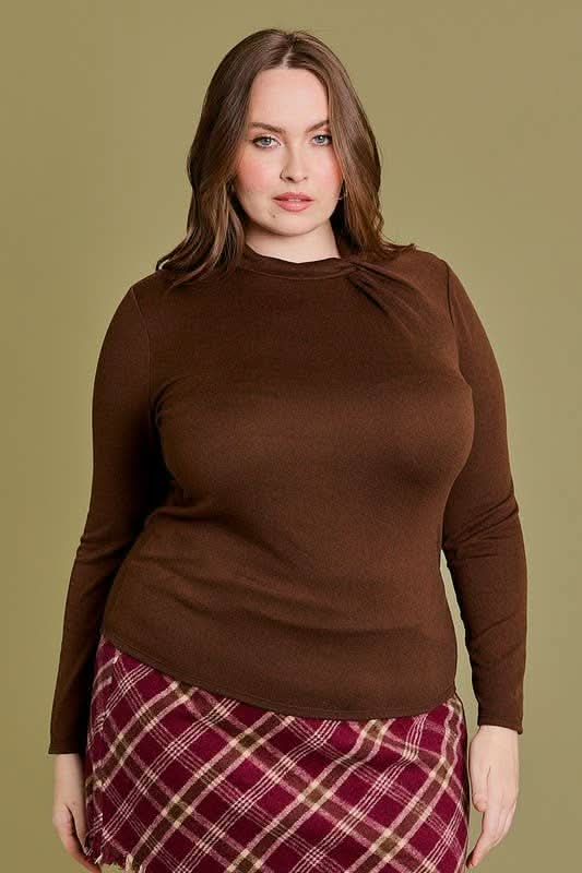 Brown Long Sleeve Neck Detail Top - Curvy - Lolo Viv Boutique