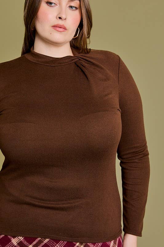 Brown Long Sleeve Neck Detail Top - Curvy - Lolo Viv Boutique