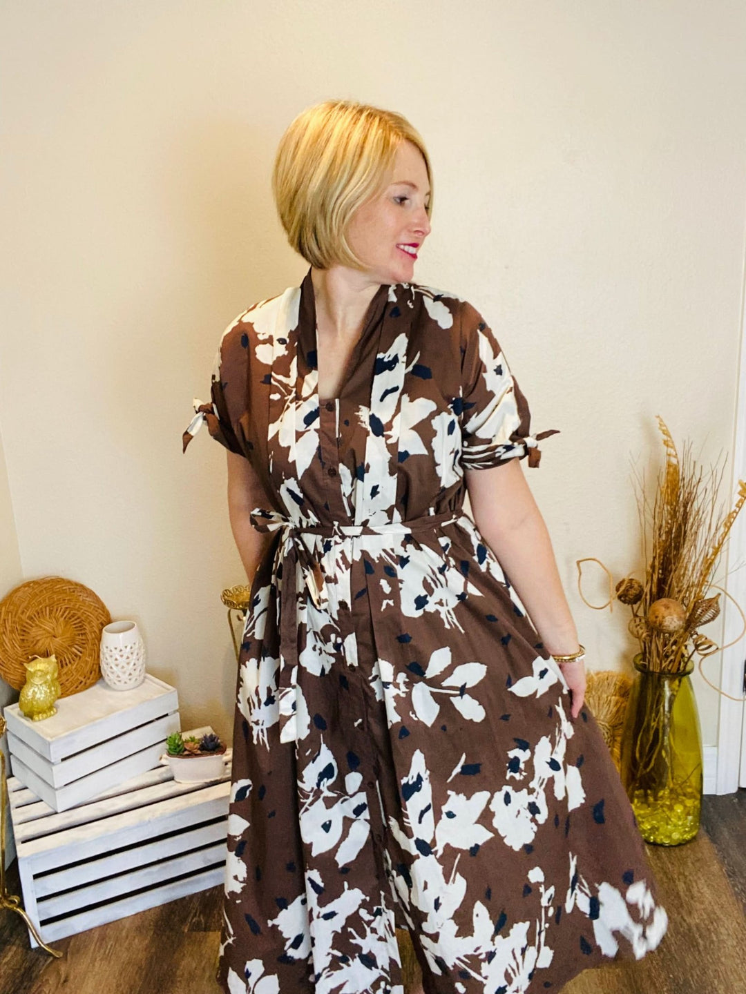 Brown & White Fall Floral Midi Dress - Lolo Viv Boutique