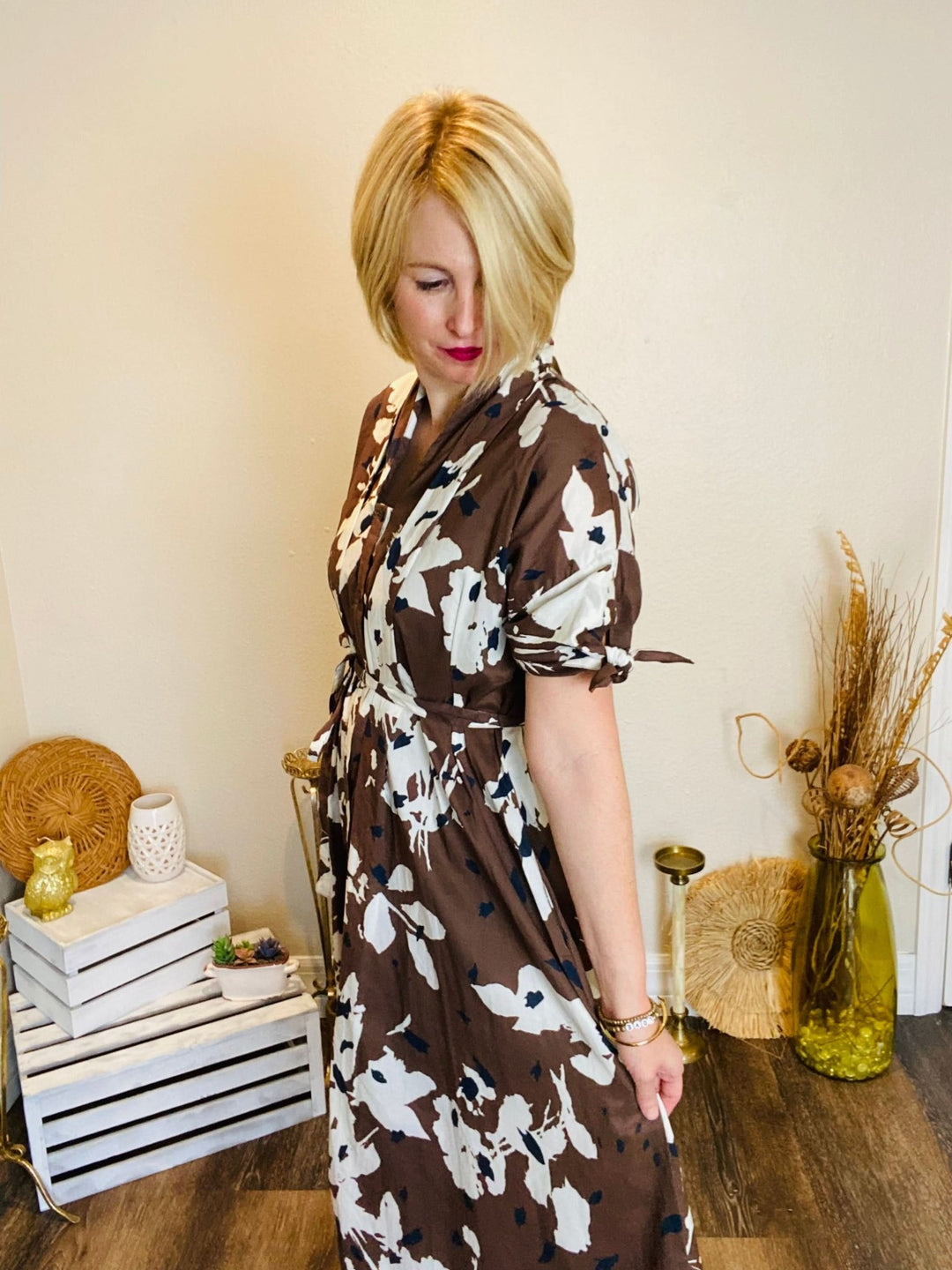 Brown & White Fall Floral Midi Dress - Lolo Viv Boutique