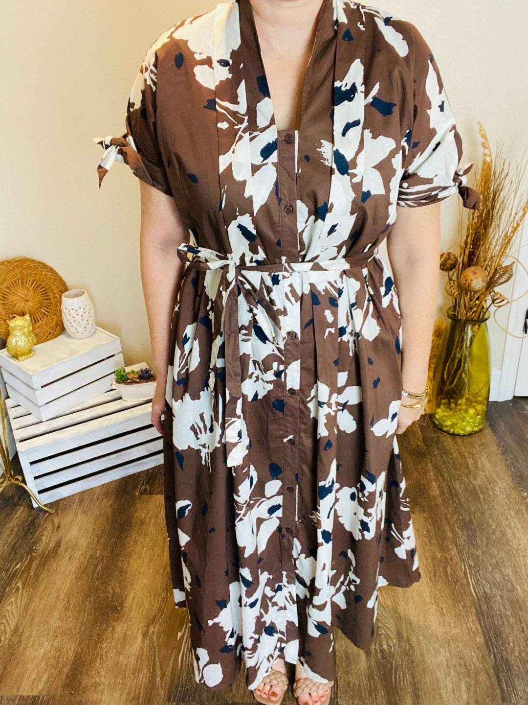 Brown & White Fall Floral Midi Dress - Lolo Viv Boutique