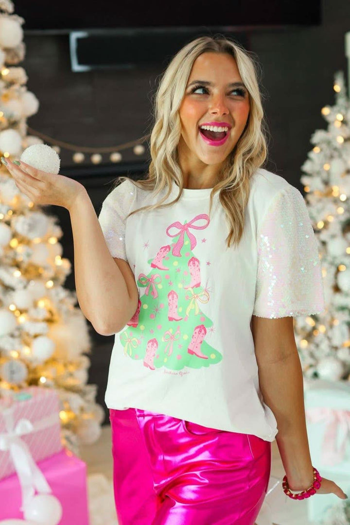 Christmas Tree Shirt with Sequin Sleeves - Curvy - Lolo Viv Boutique