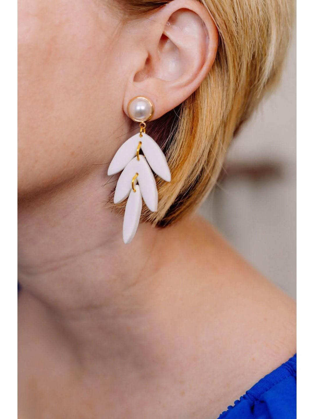 Classy White Leaf Earrings with Pearl Stud - Lolo Viv Boutique