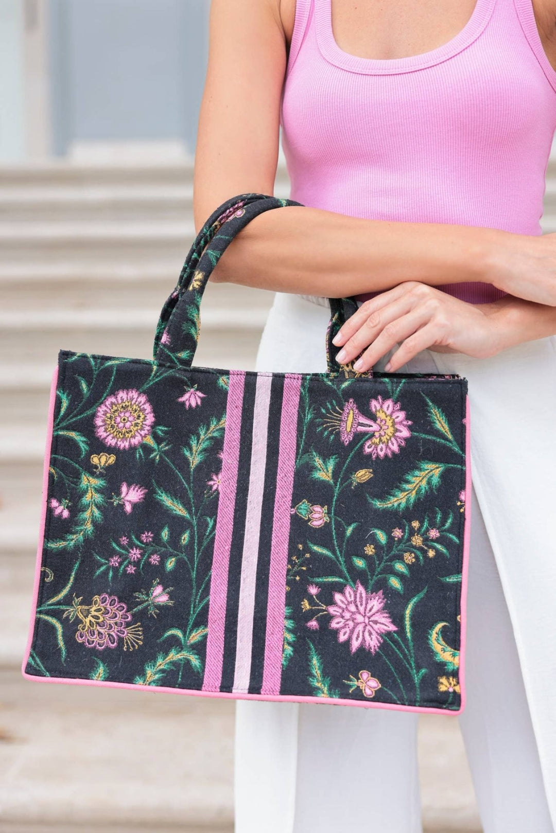 Dark Floral Tote with Racer Stripe - Lolo Viv Boutique