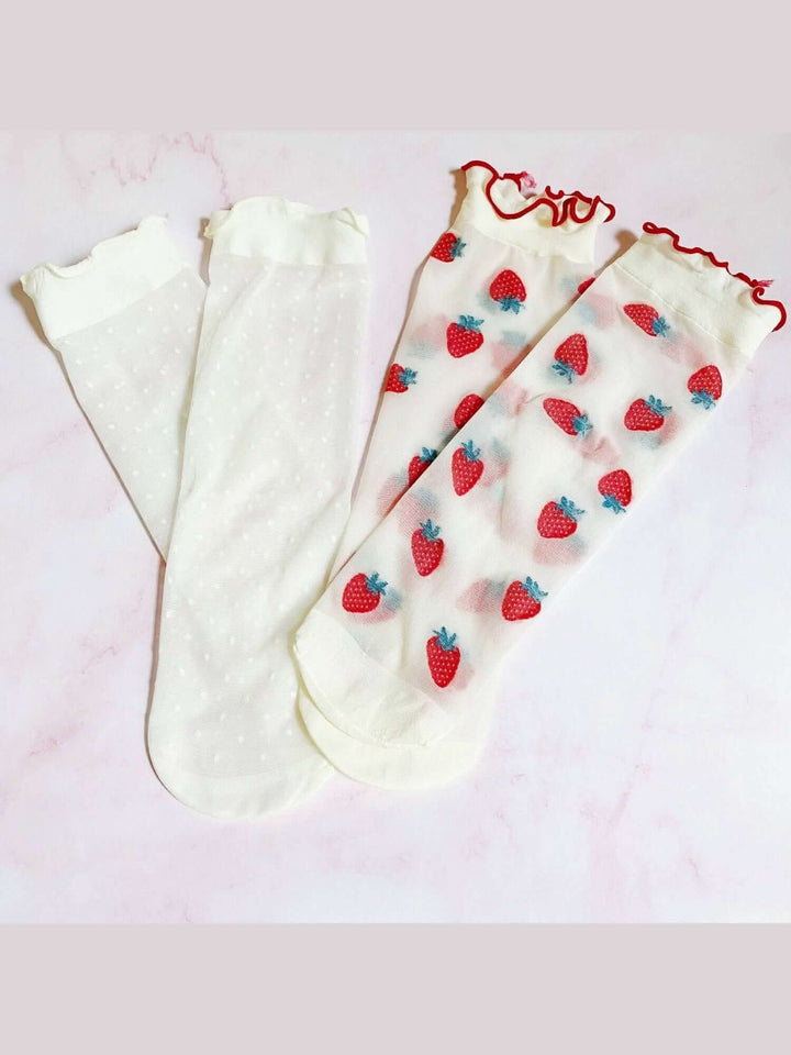 Dots And Strawberries Sheer Socks Set Of 2 Pairs - Lolo Viv Boutique