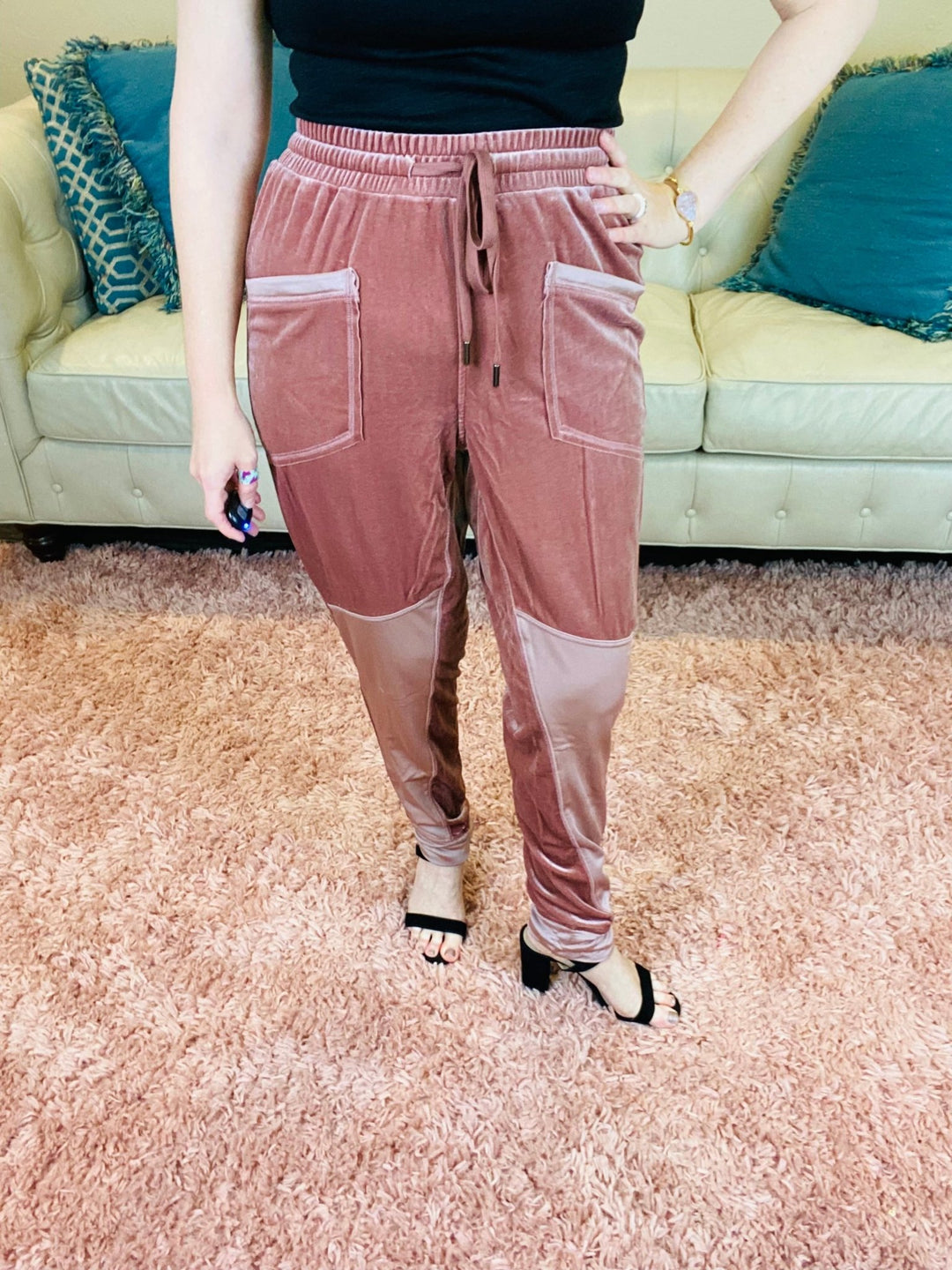 Drawstring Mauve Velvet Joggers - Lolo Viv Boutique