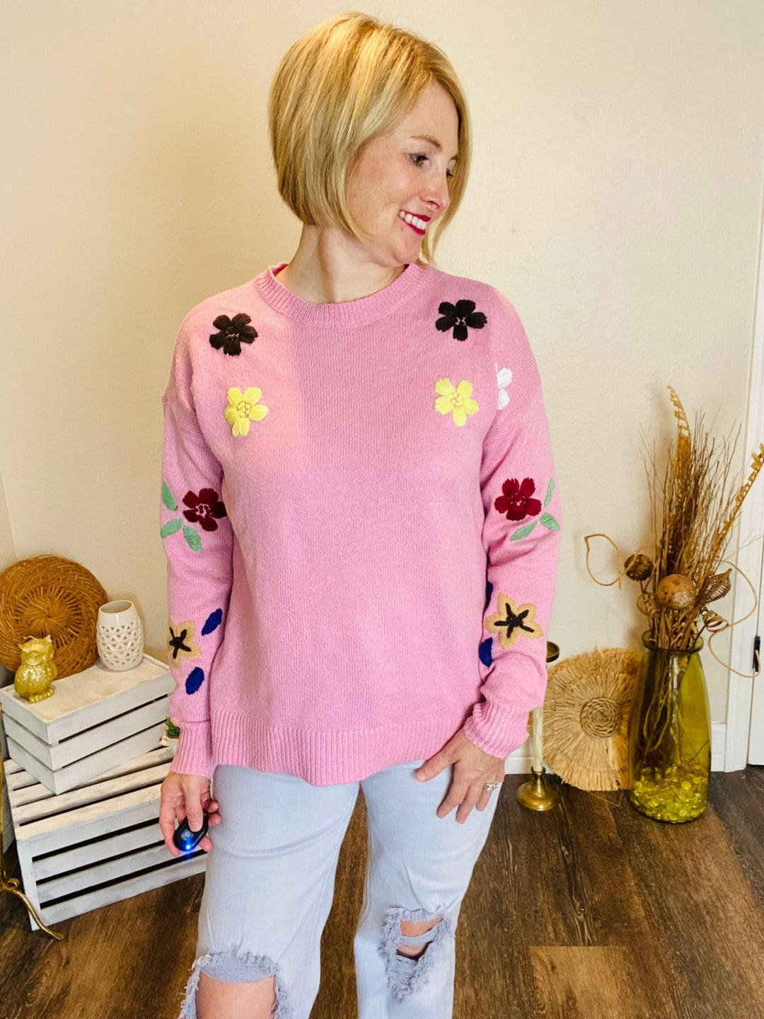 Embroidered Floral Sweater - Lolo Viv Boutique