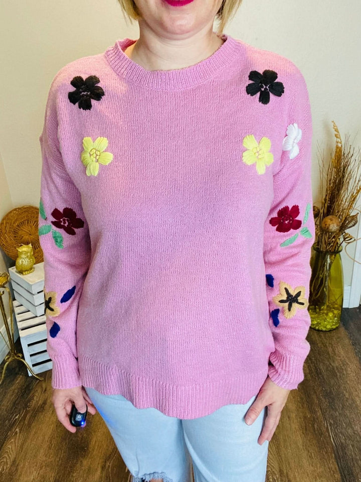 Embroidered Floral Sweater - Lolo Viv Boutique