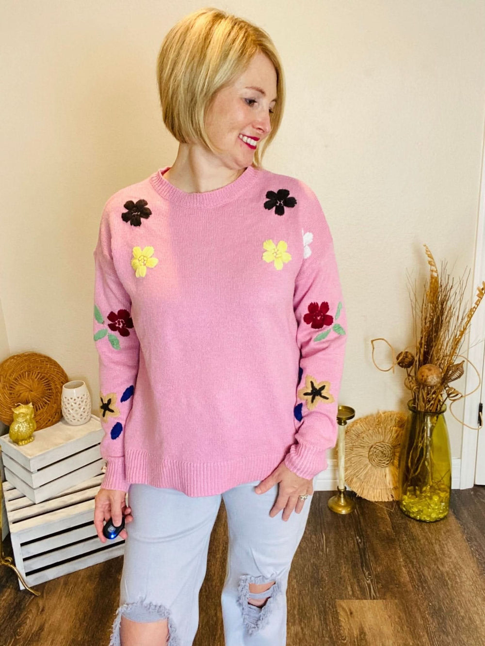 Embroidered Floral Sweater - Lolo Viv Boutique