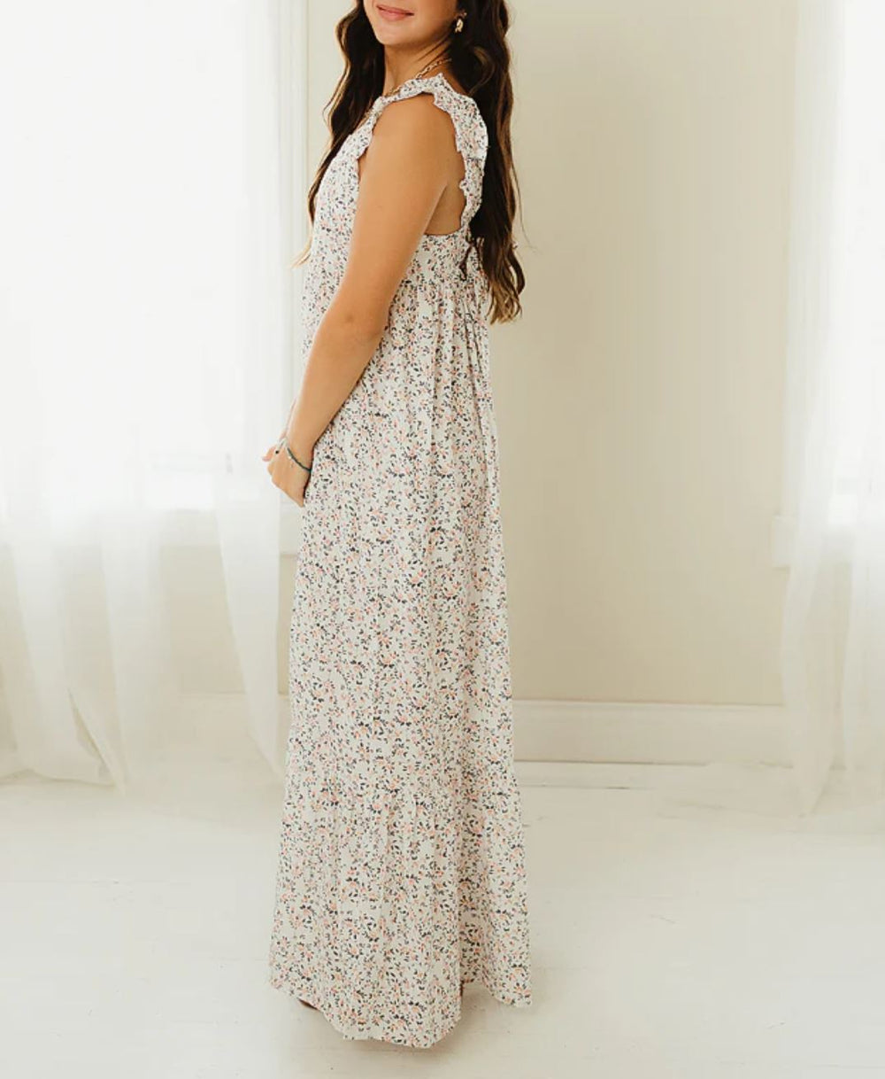 Floral Maxi Dress with Flutter Sleeves, Pockets, and Back Tie - Lolo Viv Boutique