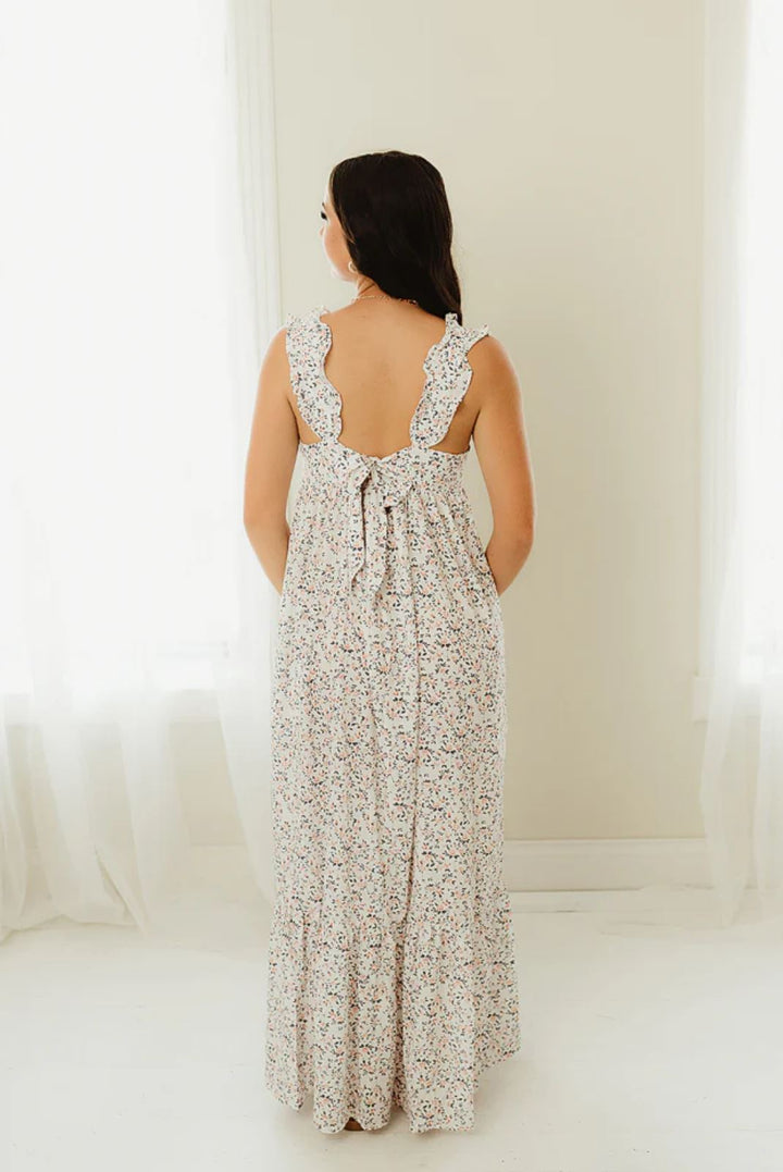 Floral Maxi Dress with Flutter Sleeves, Pockets, and Back Tie - Lolo Viv Boutique