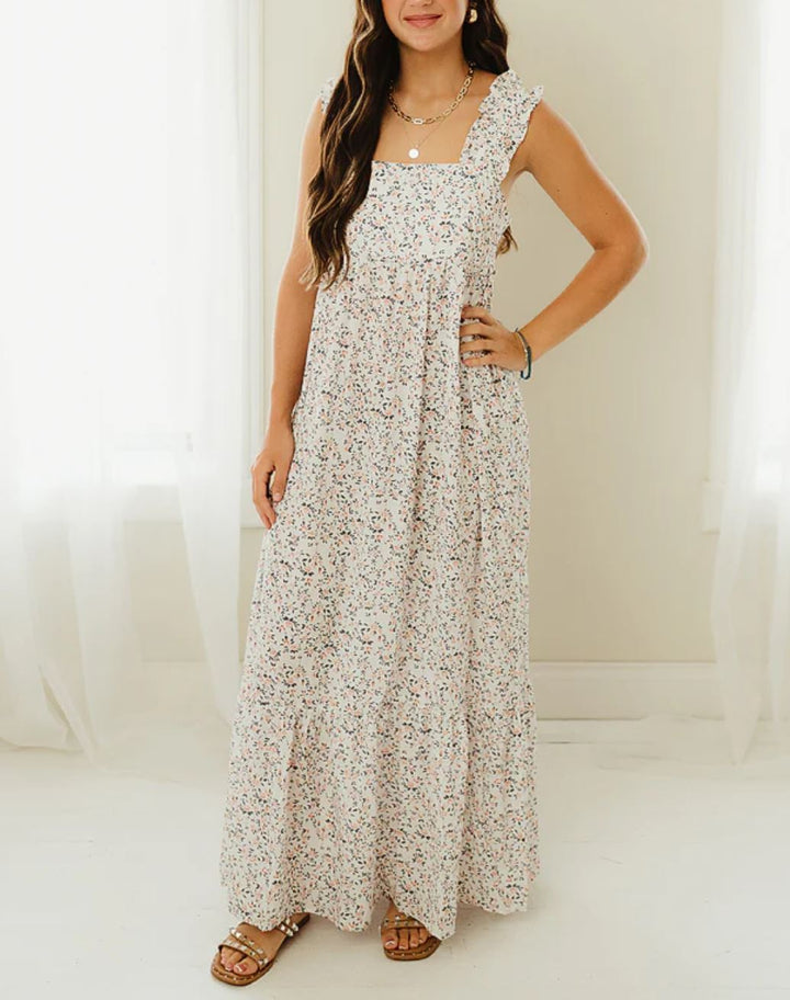 Floral Maxi Dress with Flutter Sleeves, Pockets, and Back Tie - Lolo Viv Boutique