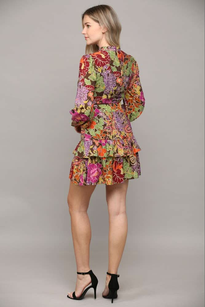 Floral Print Belted Dress with Ruffle Hem - Lolo Viv Boutique