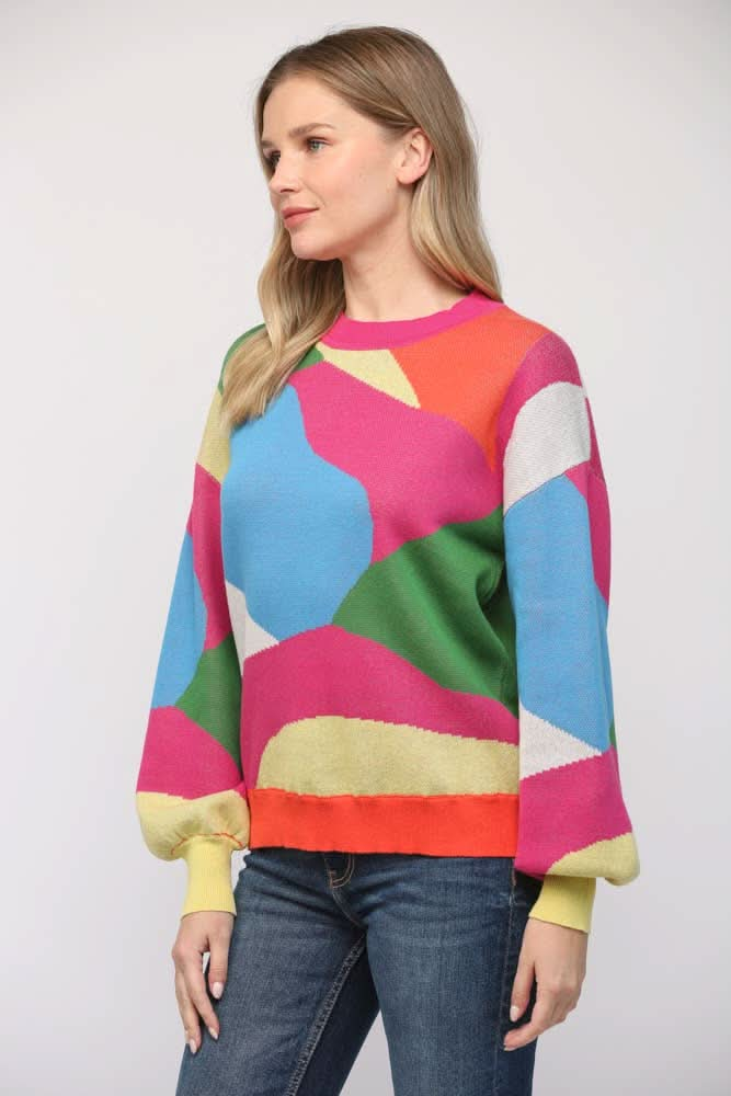 Geometric Pattern Drop Shoulder Sweater - Lolo Viv Boutique