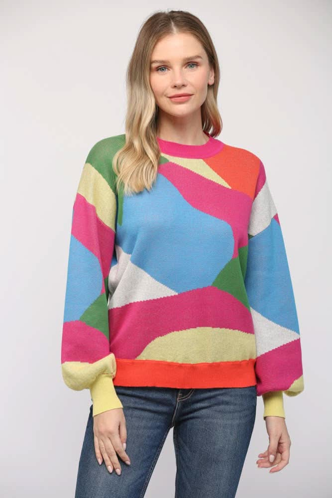 Geometric Pattern Drop Shoulder Sweater - Lolo Viv Boutique