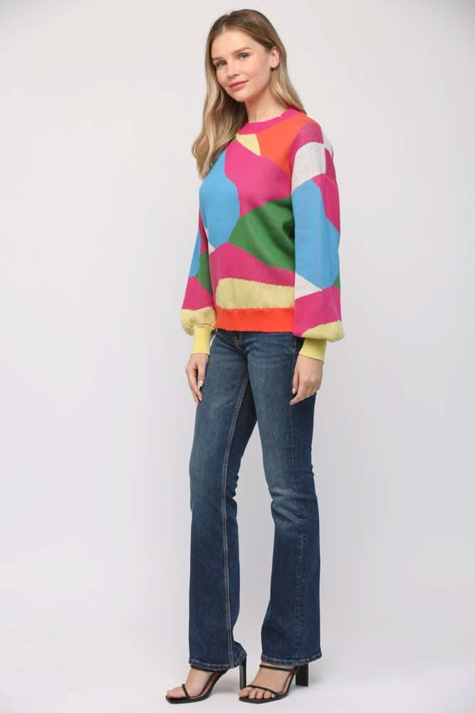 Geometric Pattern Drop Shoulder Sweater - Lolo Viv Boutique