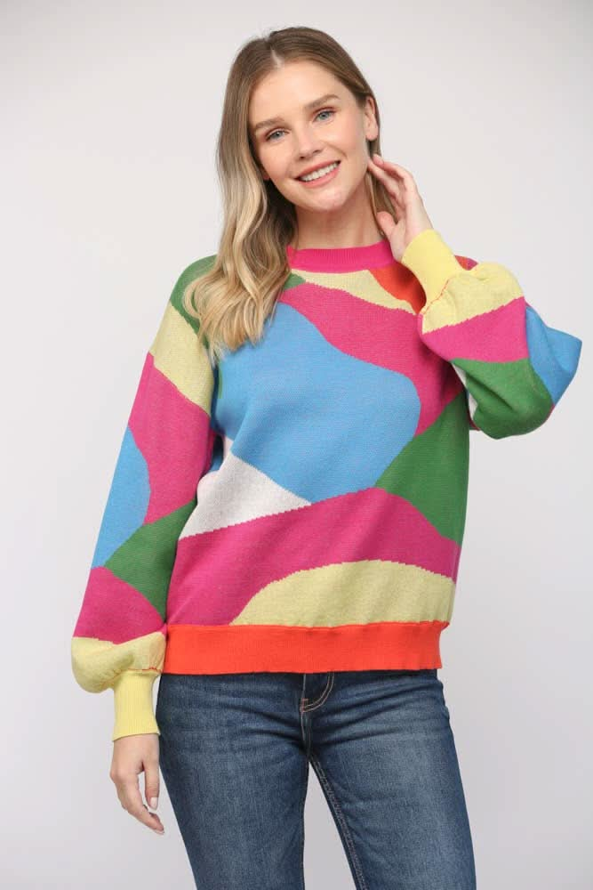 Geometric Pattern Drop Shoulder Sweater - Lolo Viv Boutique