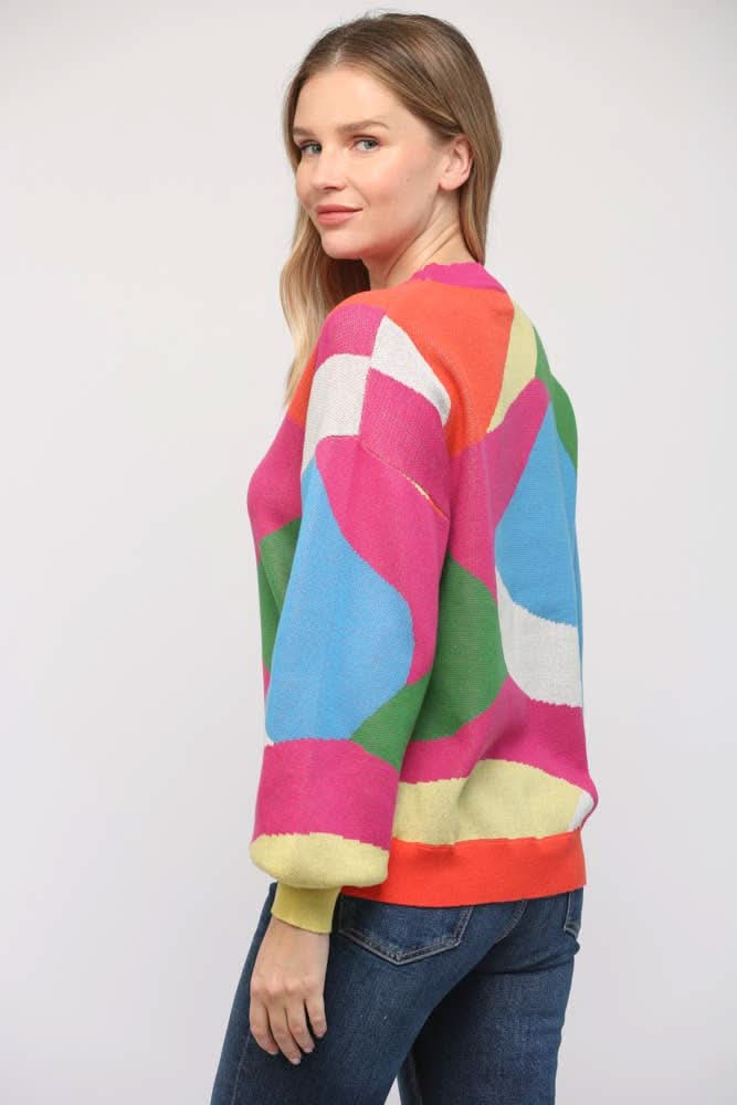 Geometric Pattern Drop Shoulder Sweater - Lolo Viv Boutique