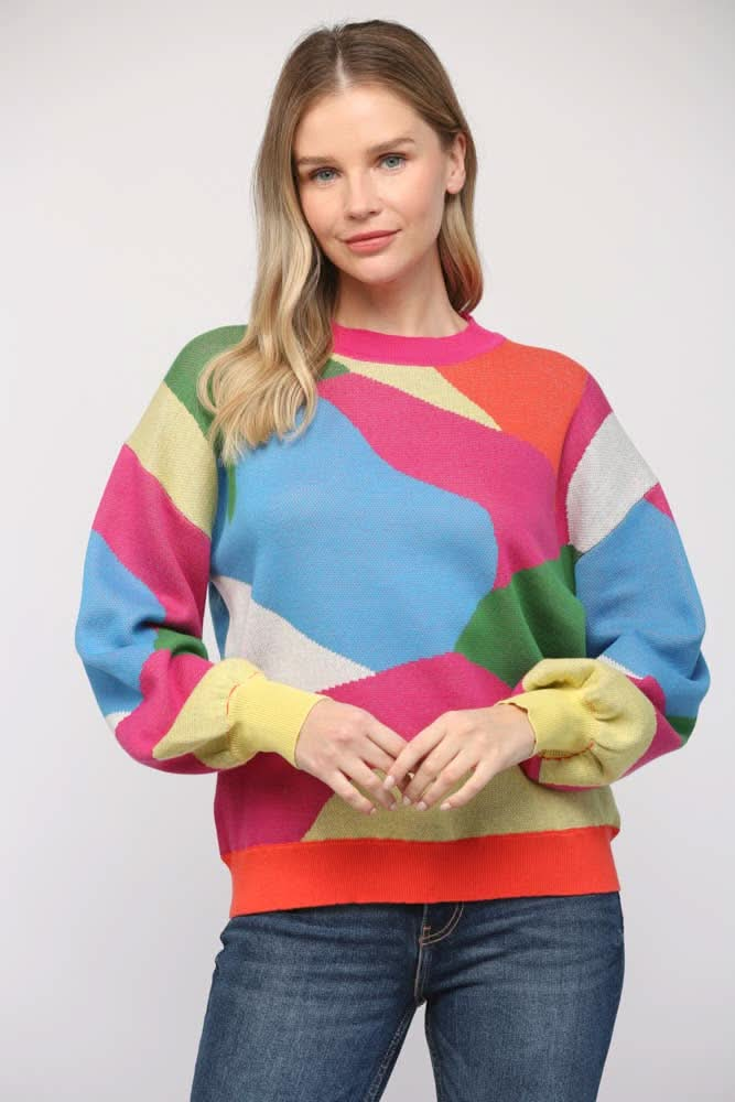 Geometric Pattern Drop Shoulder Sweater - Lolo Viv Boutique