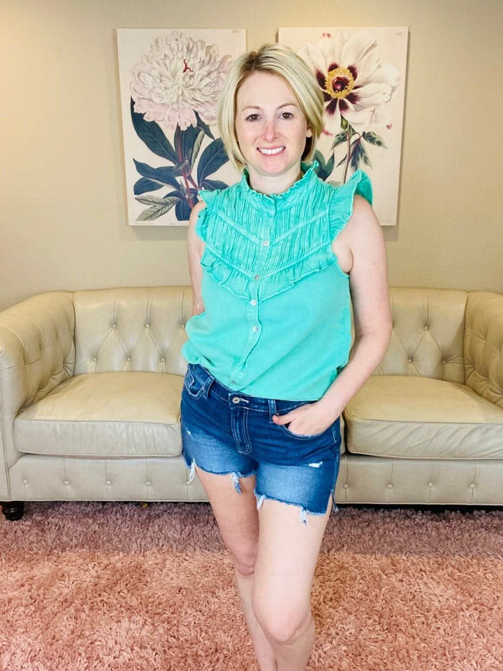 Green Denim Button Up Sleeveless Top with Ruffle Detail - Lolo Viv Boutique