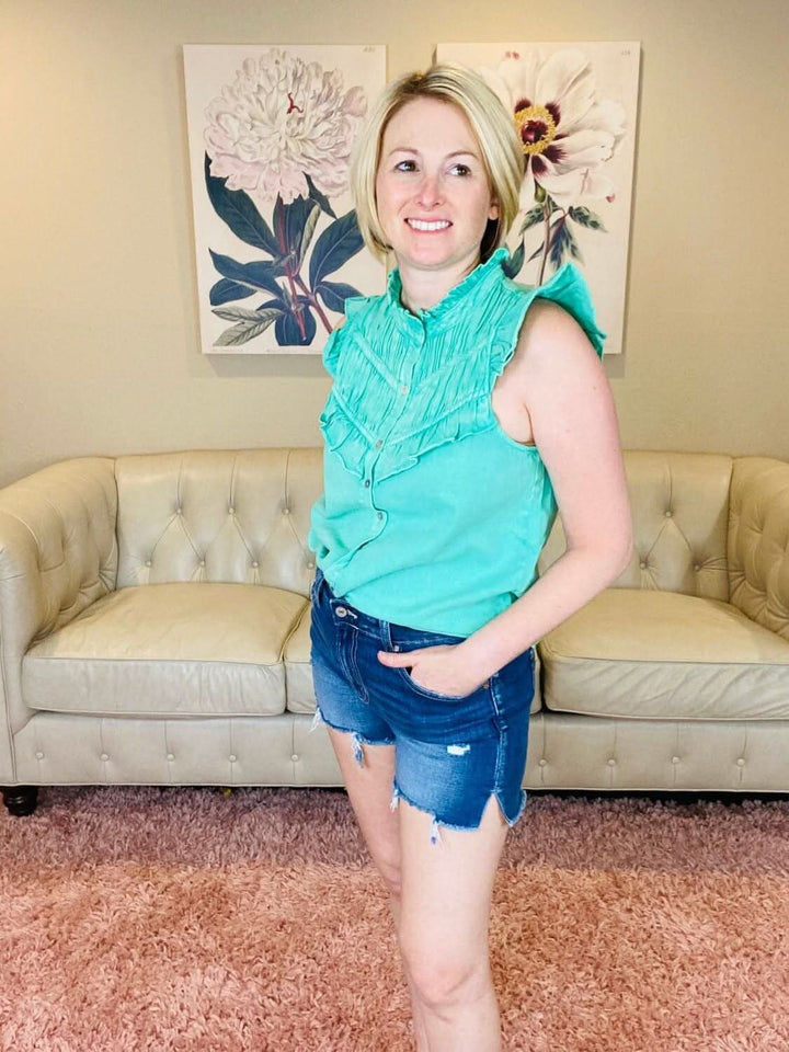 Green Denim Button Up Sleeveless Top with Ruffle Detail - Lolo Viv Boutique