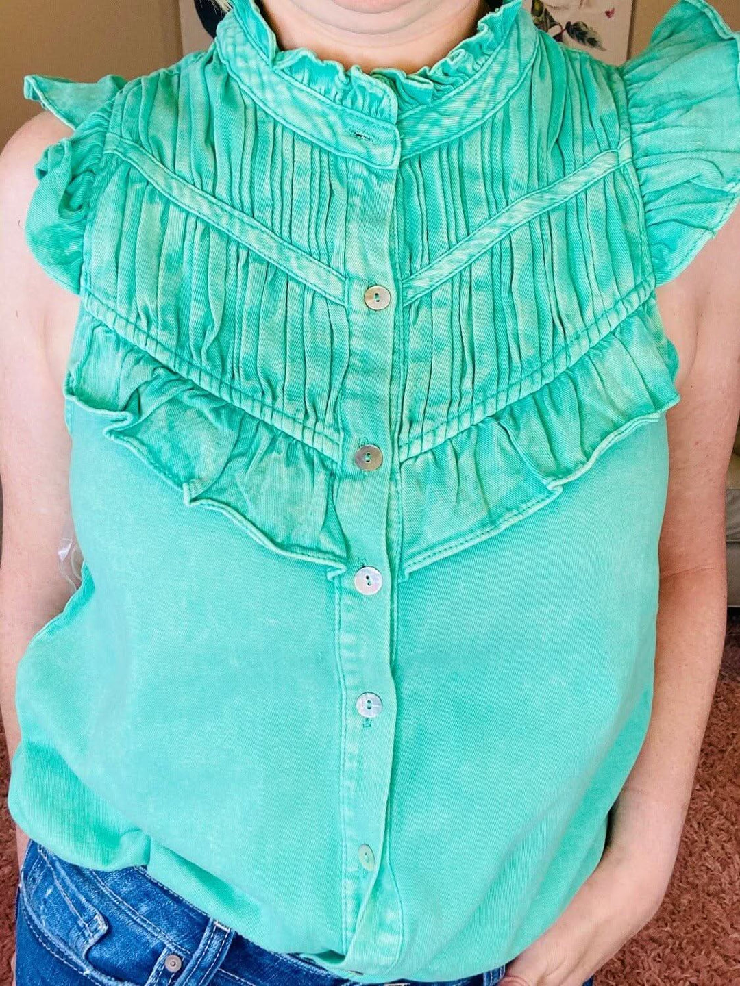 Green Denim Button Up Sleeveless Top with Ruffle Detail - Lolo Viv Boutique