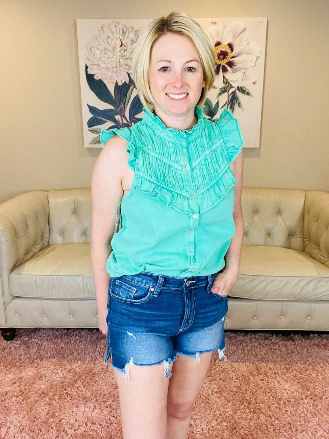 Green Denim Button Up Sleeveless Top with Ruffle Detail - Lolo Viv Boutique