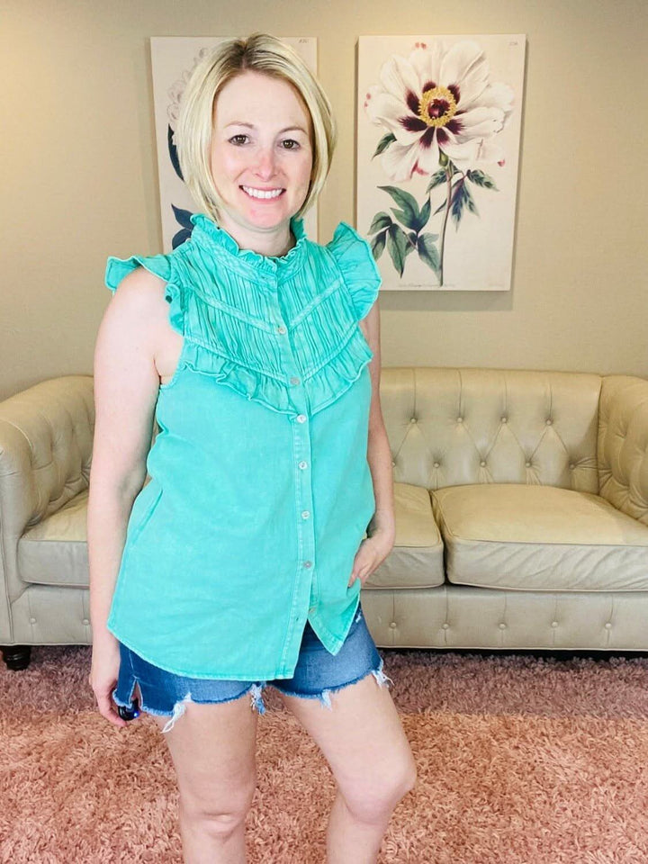 Green Denim Button Up Sleeveless Top with Ruffle Detail - Lolo Viv Boutique