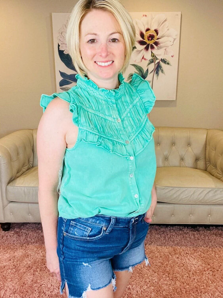 Green Denim Button Up Sleeveless Top with Ruffle Detail - Lolo Viv Boutique