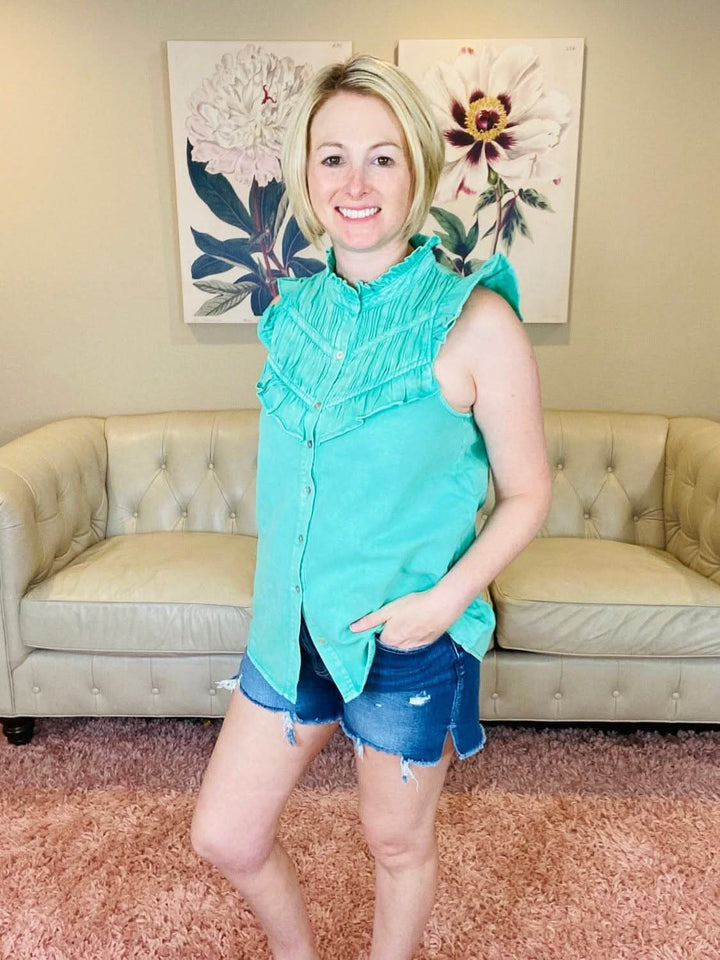 Green Denim Button Up Sleeveless Top with Ruffle Detail - Lolo Viv Boutique