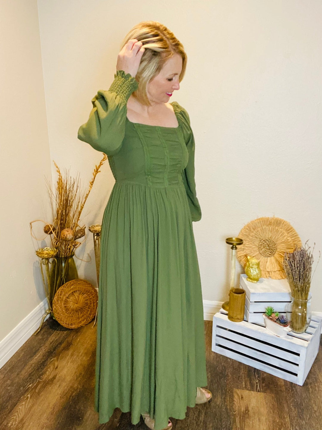 Green Fall Maxi Dress with Front Slit - Lolo Viv Boutique