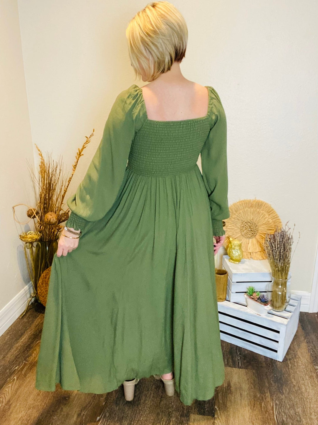 Green Fall Maxi Dress with Front Slit - Lolo Viv Boutique