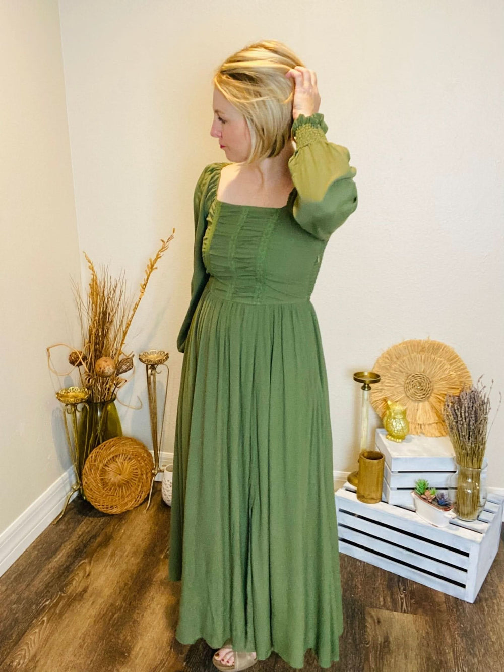 Green Fall Maxi Dress with Front Slit - Lolo Viv Boutique