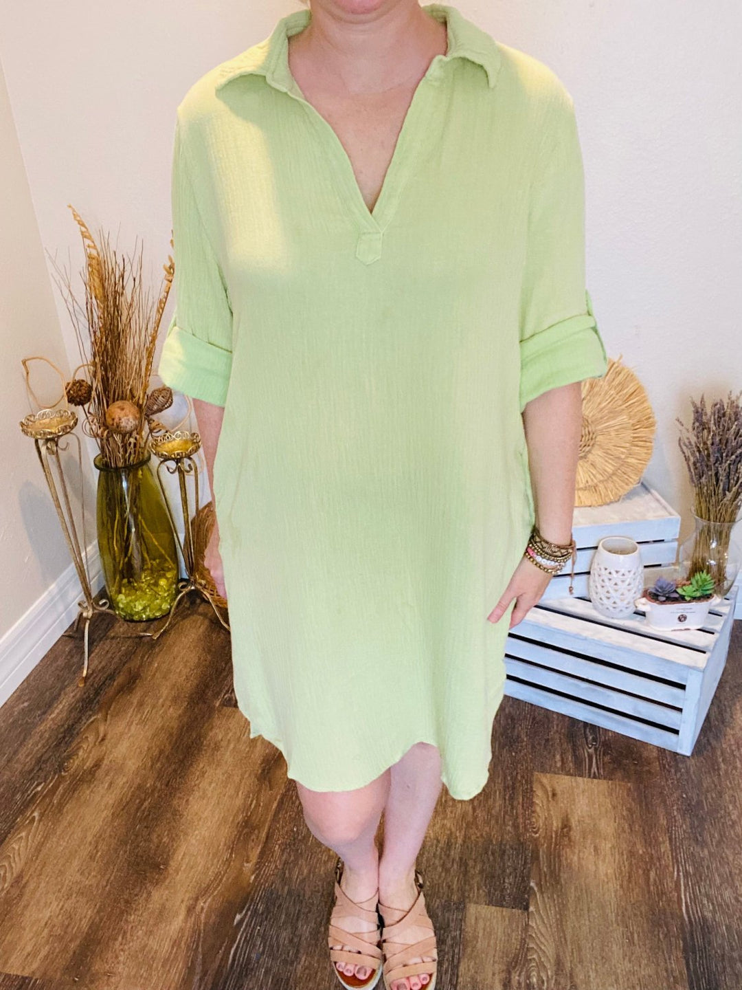 Green Mineral Washed Shirt Dress - Lolo Viv Boutique