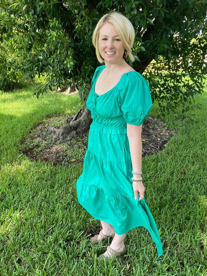 Green Short Puff Sleeve Tiered Midi Dress - Lolo Viv Boutique