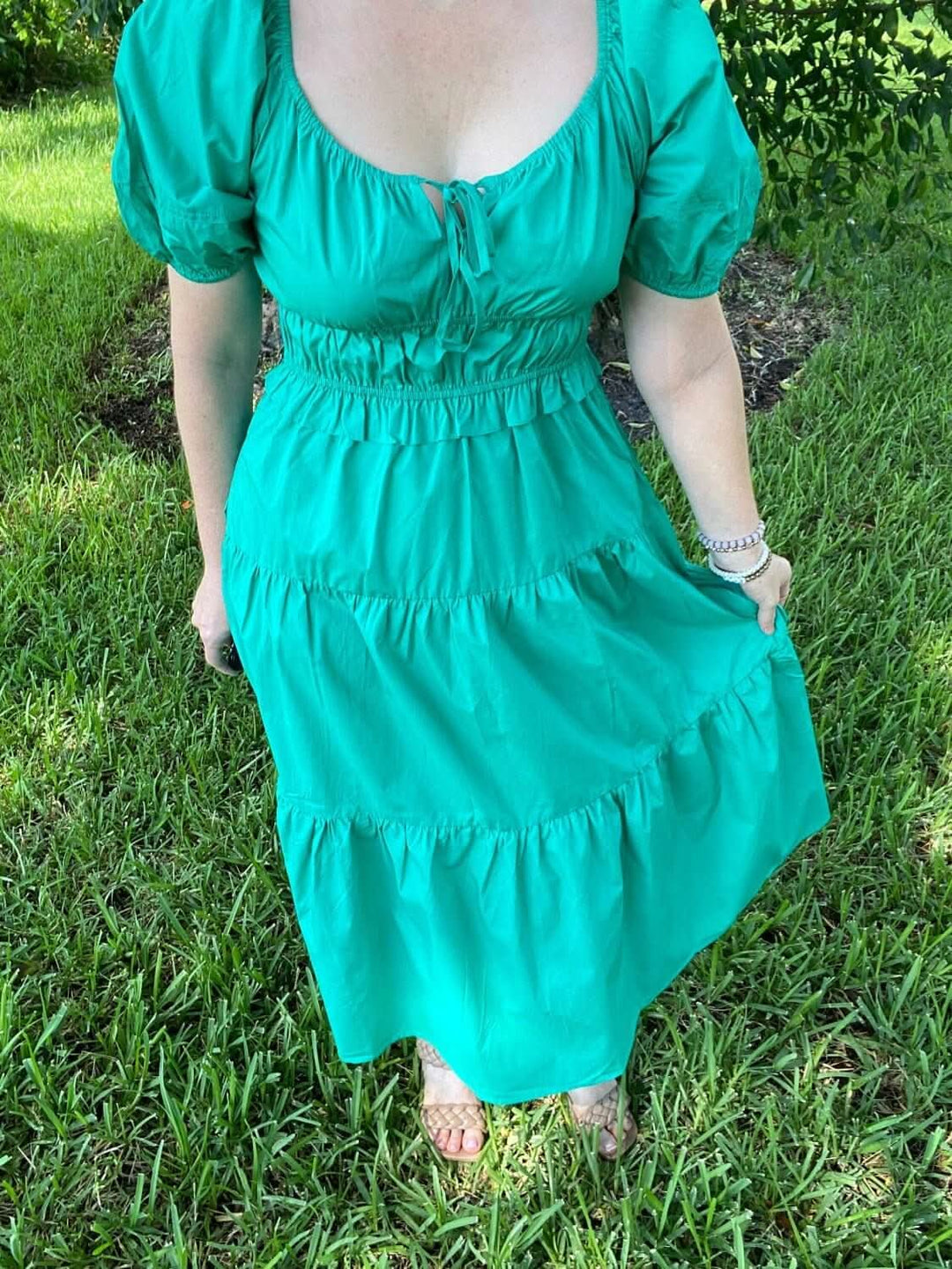 Green Short Puff Sleeve Tiered Midi Dress - Lolo Viv Boutique