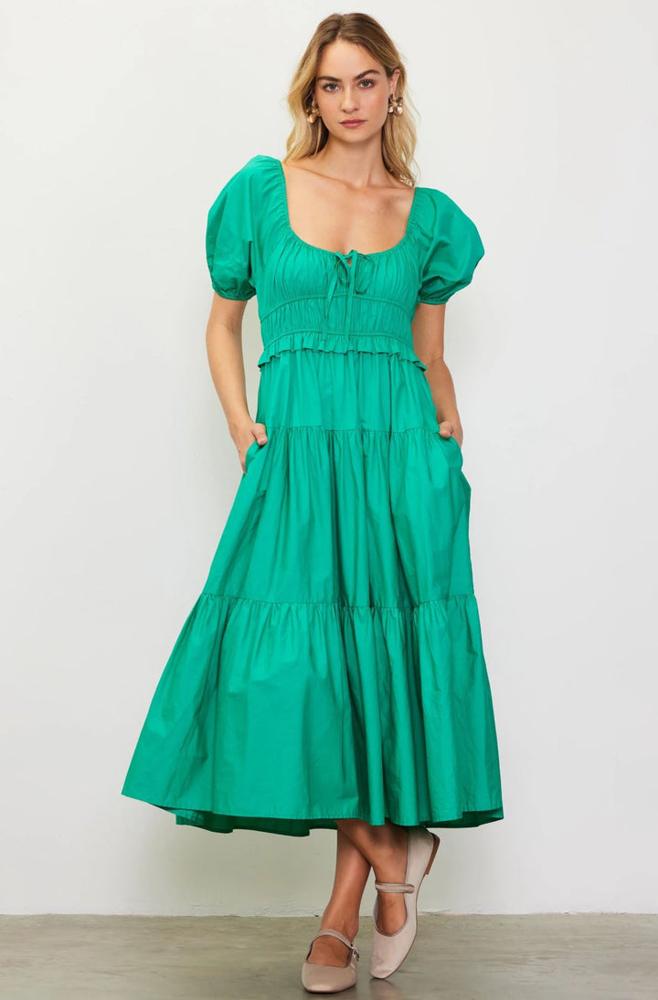 Green Short Puff Sleeve Tiered Midi Dress - Lolo Viv Boutique