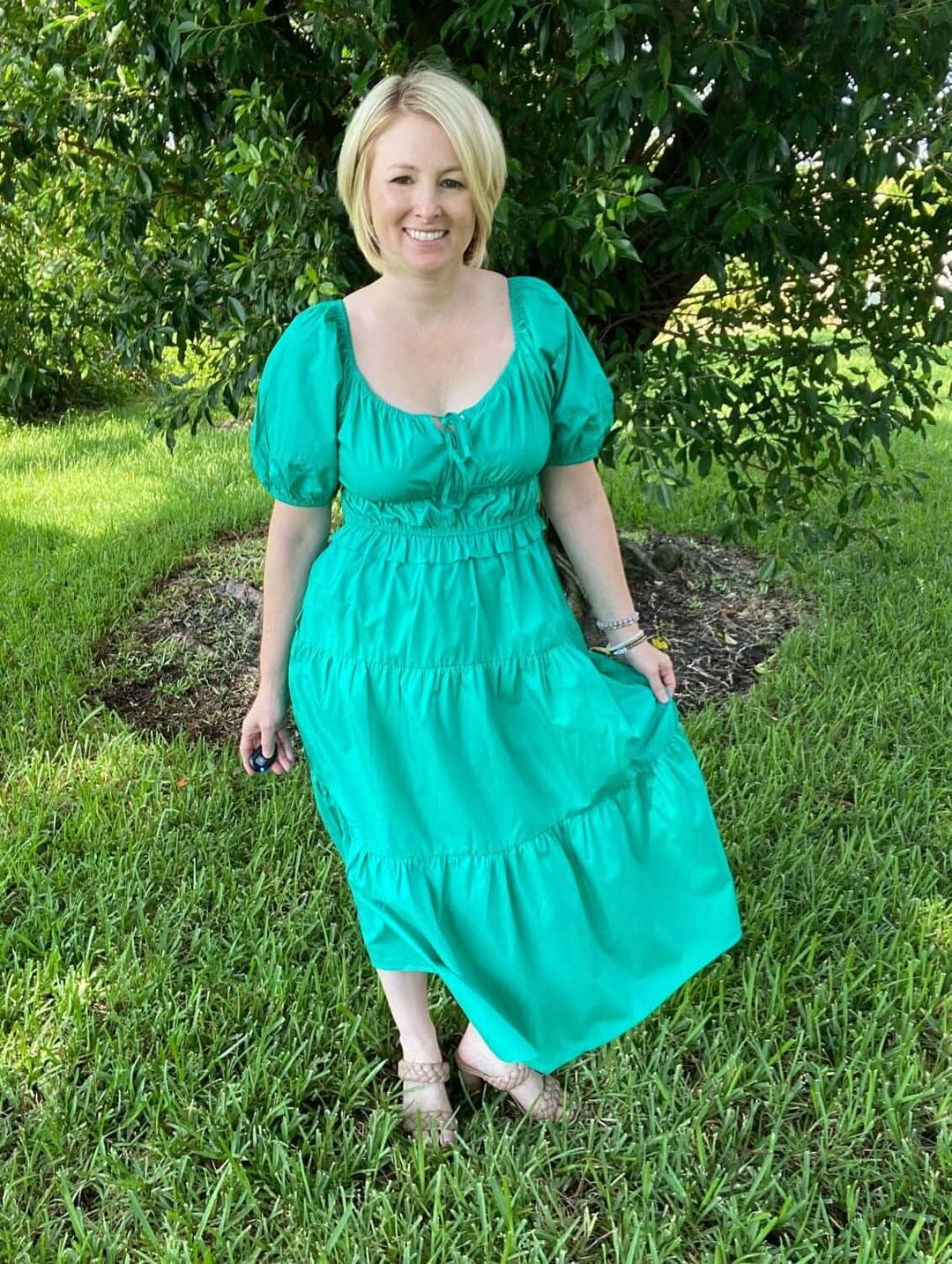 Green Short Puff Sleeve Tiered Midi Dress - Lolo Viv Boutique