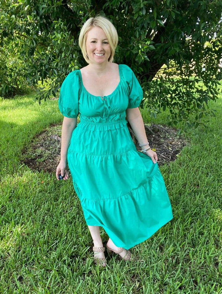 Green Short Puff Sleeve Tiered Midi Dress - Lolo Viv Boutique