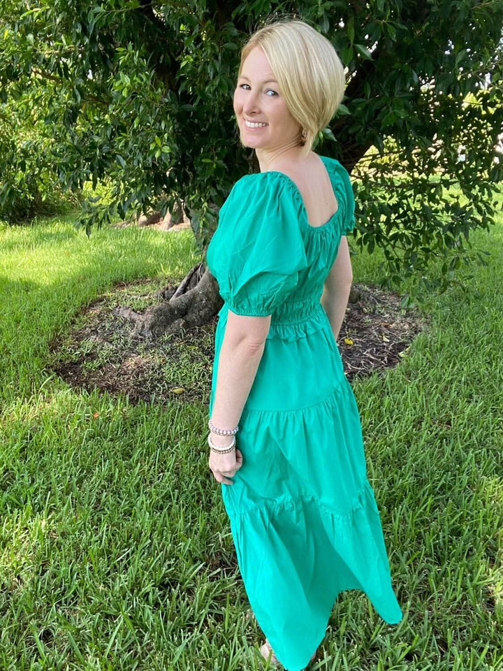 Green Short Puff Sleeve Tiered Midi Dress - Lolo Viv Boutique