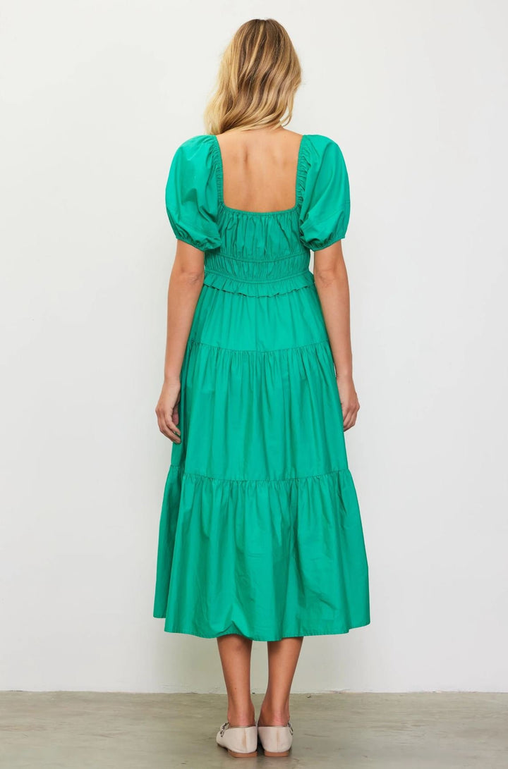 Green Short Puff Sleeve Tiered Midi Dress - Lolo Viv Boutique