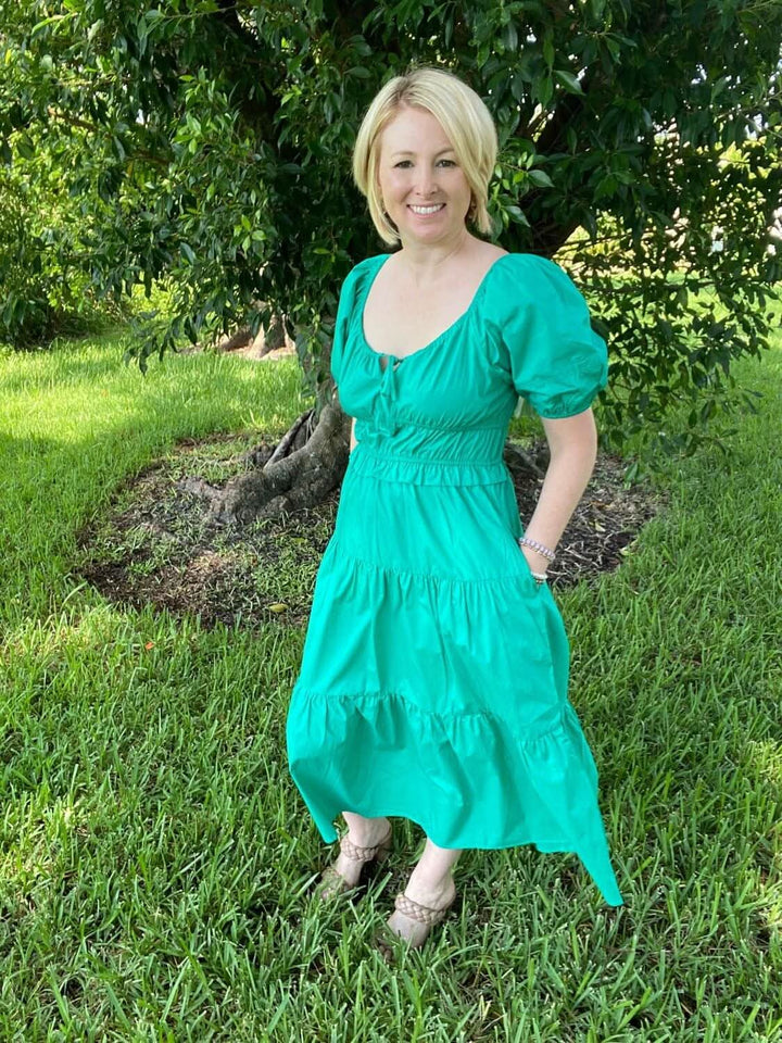 Green Short Puff Sleeve Tiered Midi Dress - Lolo Viv Boutique