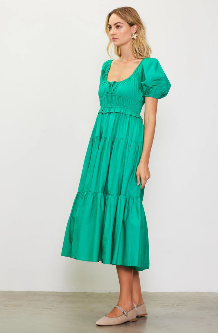 Green Short Puff Sleeve Tiered Midi Dress - Lolo Viv Boutique