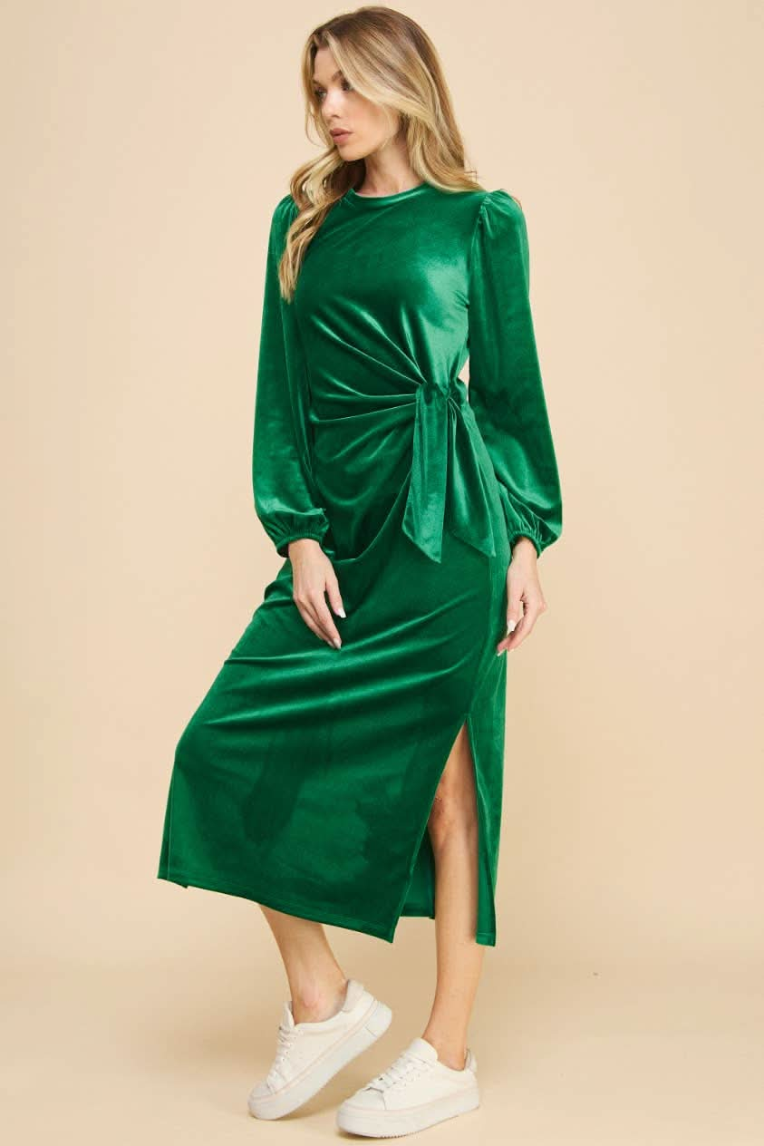 Green Velvet Midi Dress with Knot Detail - Lolo Viv Boutique