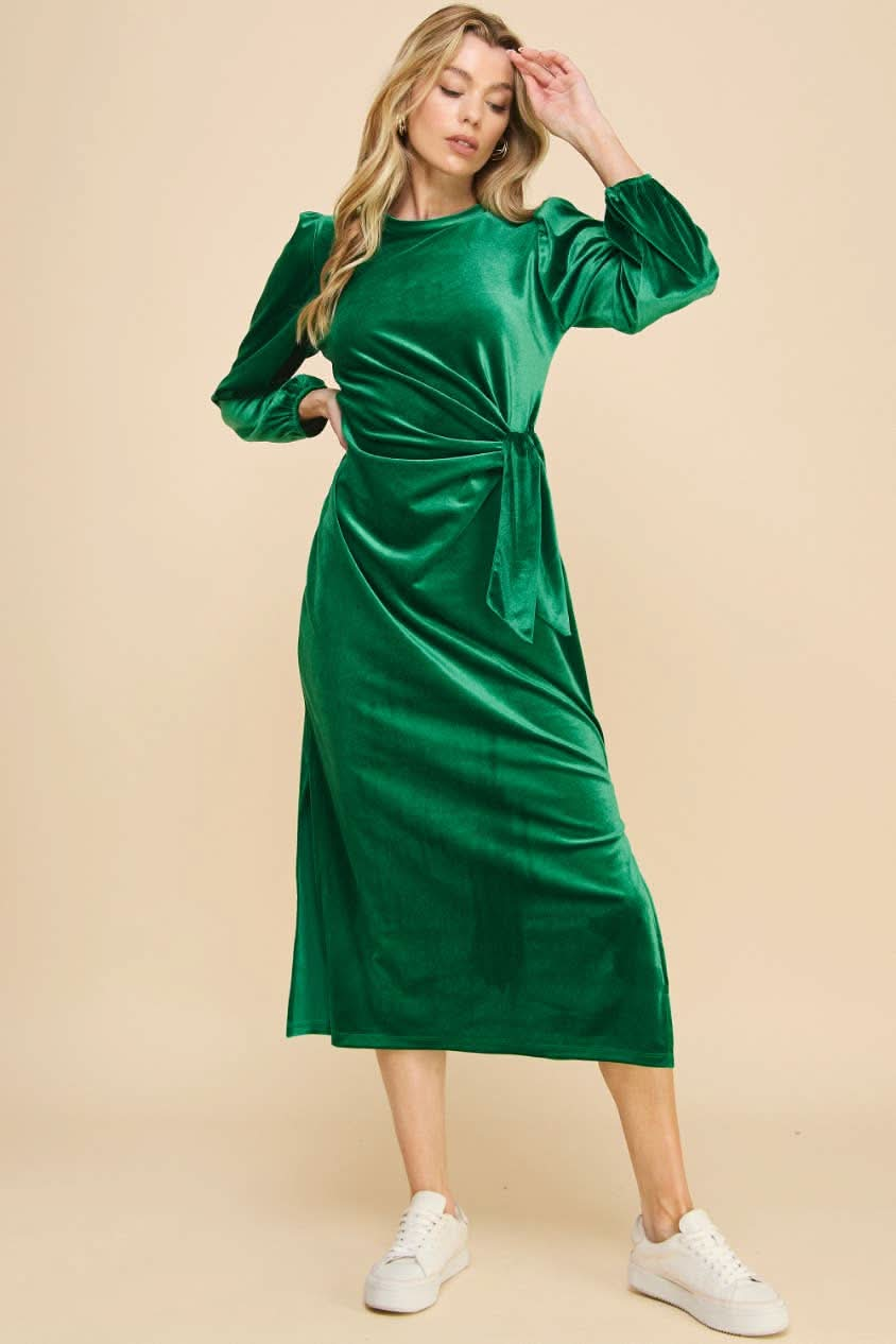 Green Velvet Midi Dress with Knot Detail - Lolo Viv Boutique