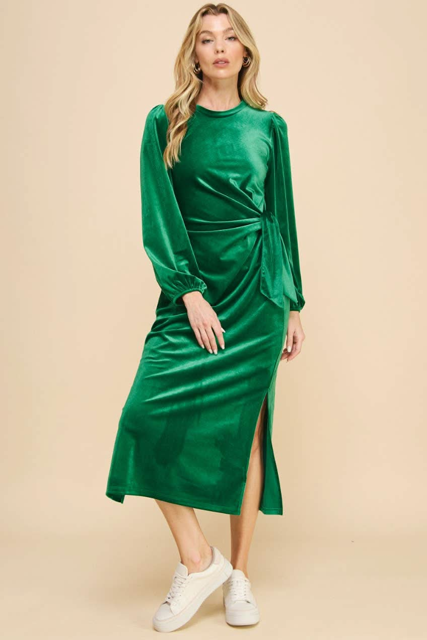 Green Velvet Midi Dress with Knot Detail - Lolo Viv Boutique