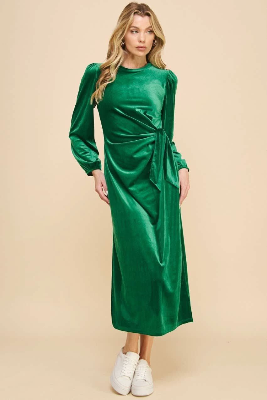 Green Velvet Midi Dress with Knot Detail - Lolo Viv Boutique