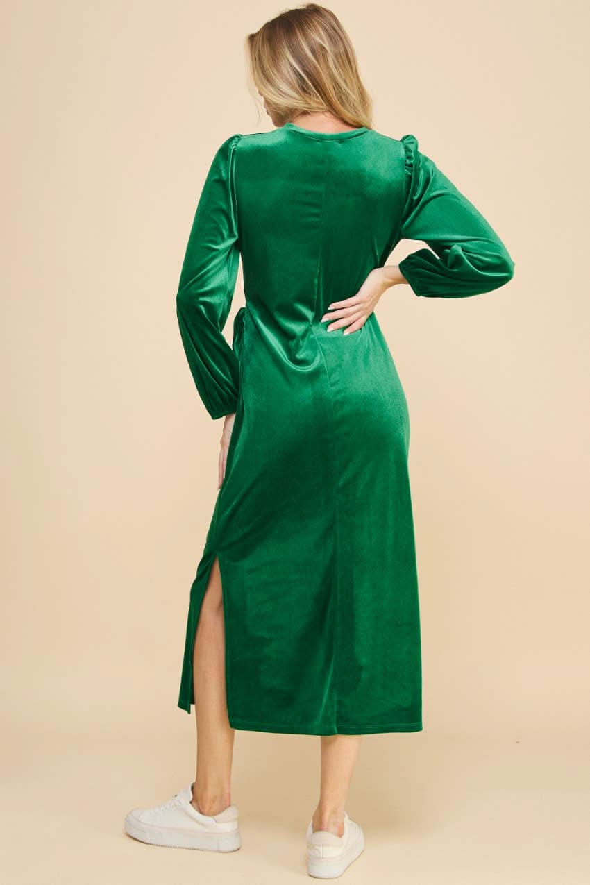 Green Velvet Midi Dress with Knot Detail - Lolo Viv Boutique